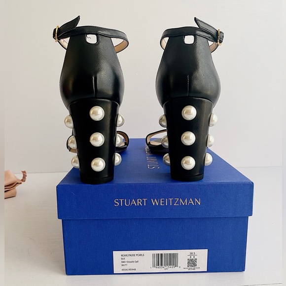 ✨New STUART WEITZMAN NearlyNude Pearl Studded Heel Leather Strappy Sandals 8B - Picture 8 of 10